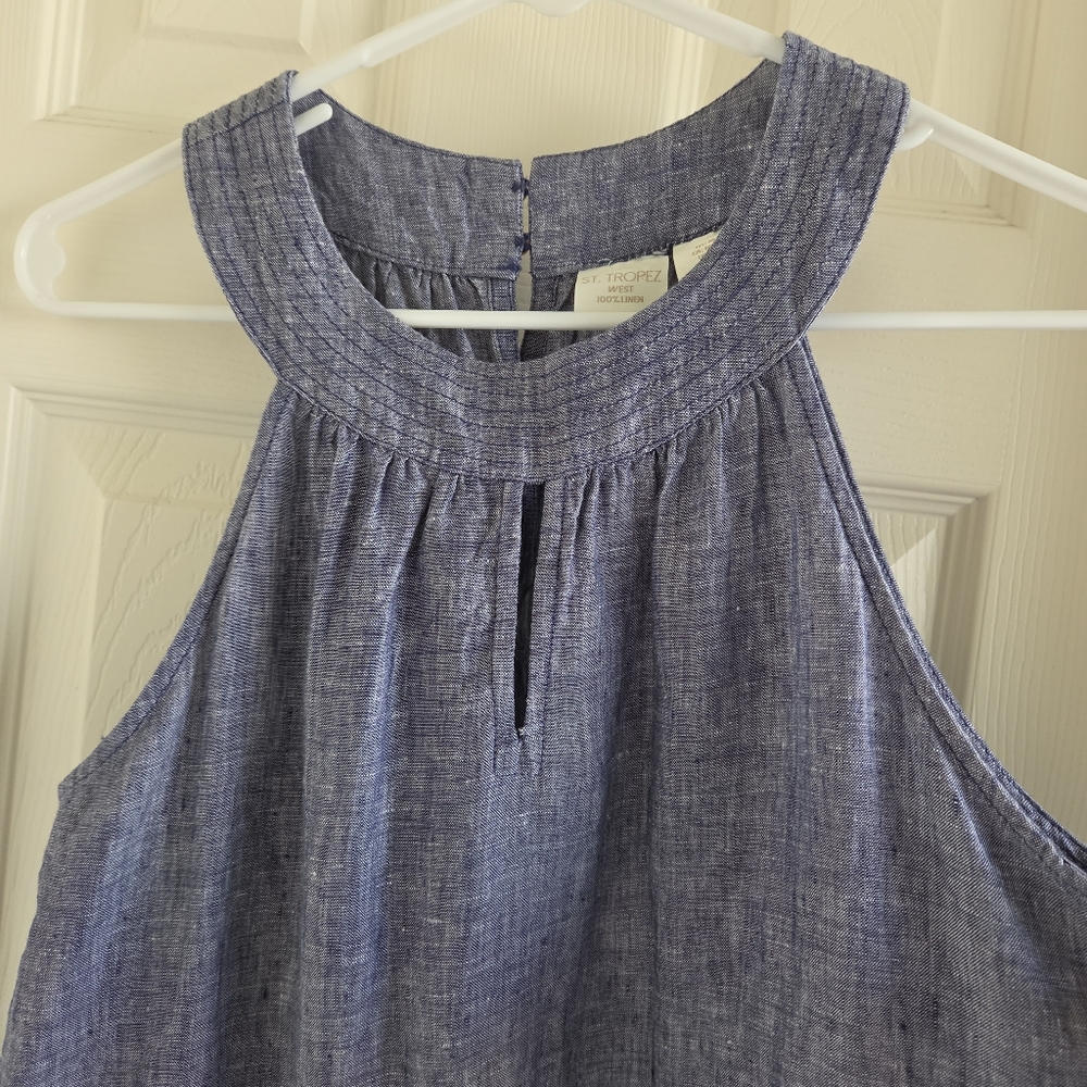 St. Tropez West 100% Linen Blue Chambray Halter Mini Dress Size M Vacation - Picture 2 of 6